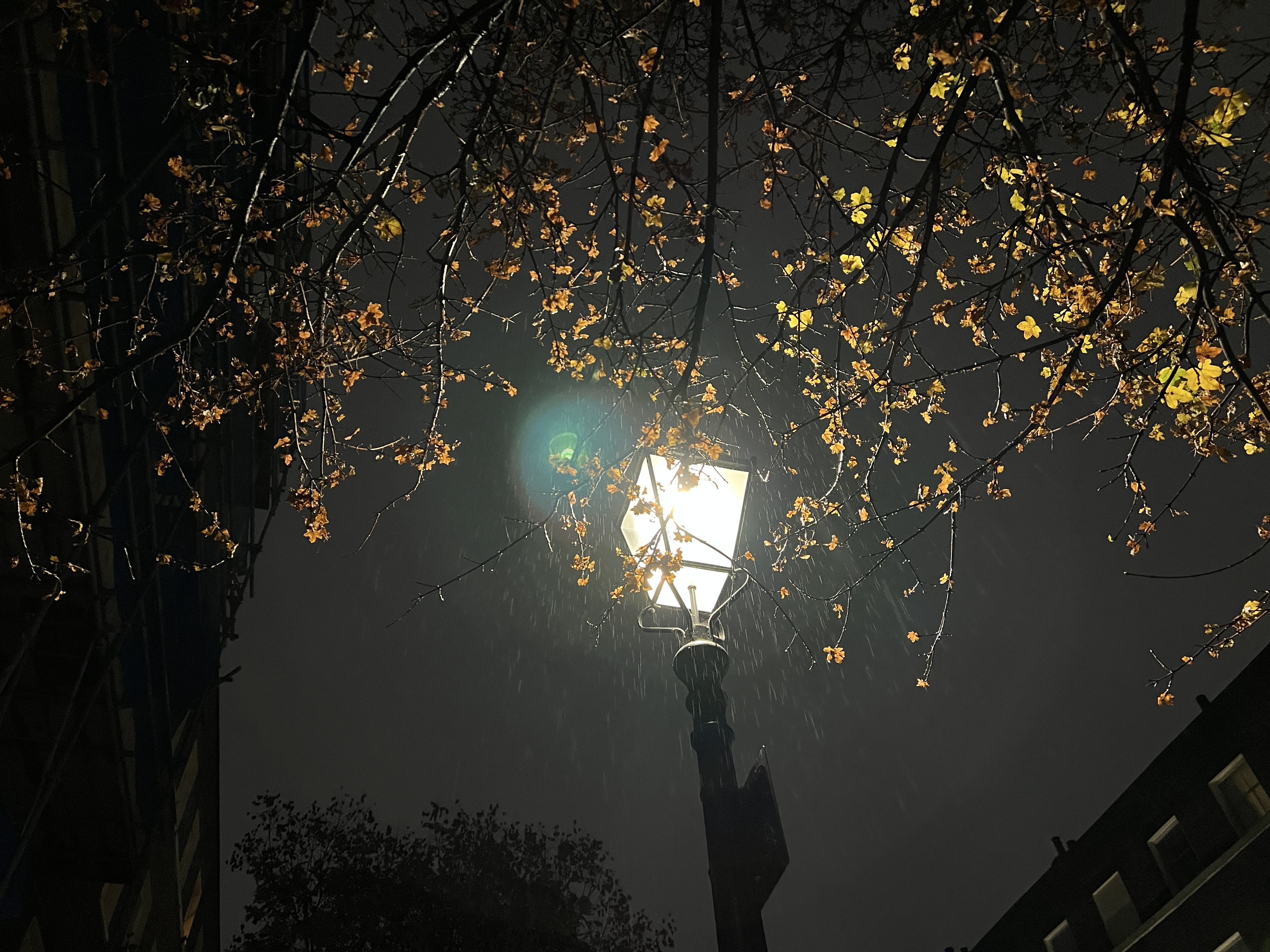 Rainy night in London with glowing streetlight